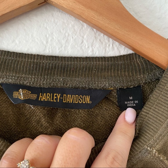 Harley Davidson Army Green Studded Crewneck Distressed Sweatshirt - Picture 3 of 5